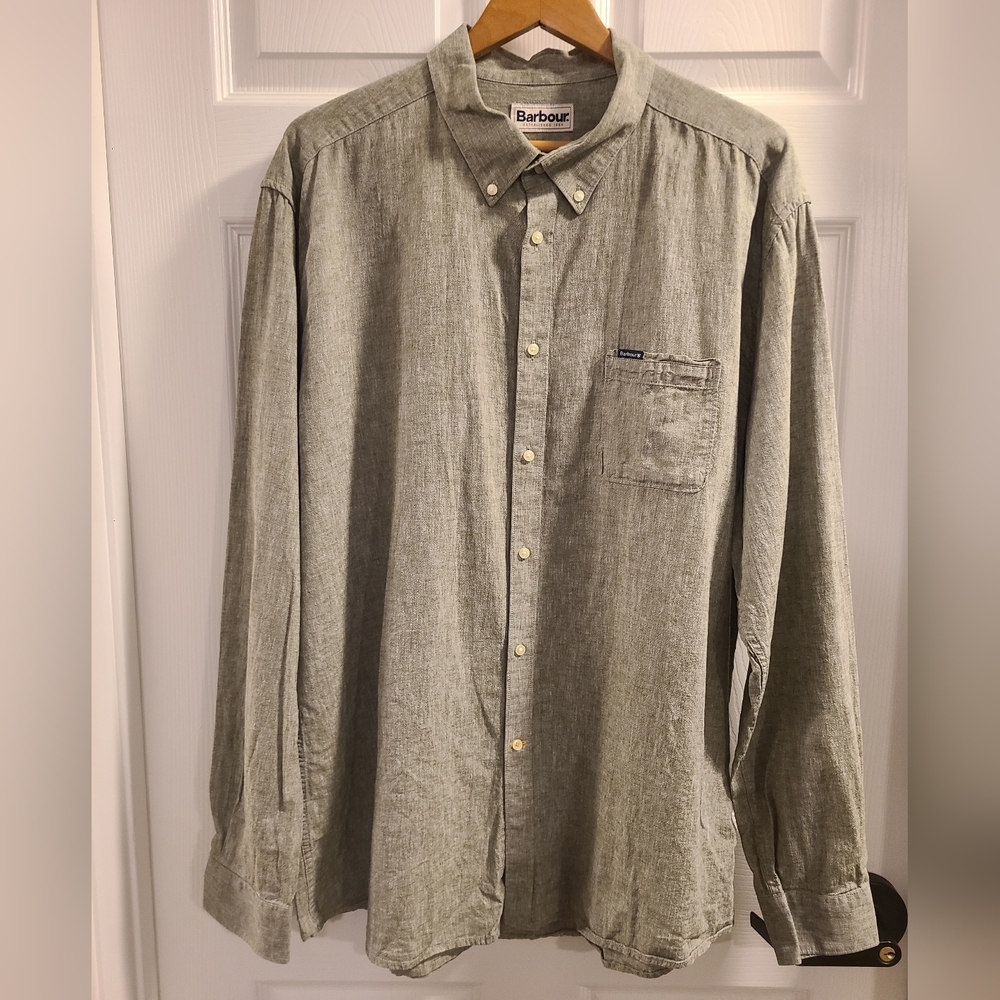 Mens Barbour Nelson Linen Tailored Fit L/S Button Up Shirt XXL Bleached Olive